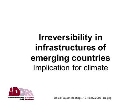 Basic Project Meeting – 17-18/02/2006 - Beijing Irreversibility in infrastructures of emerging countries Implication for climate.