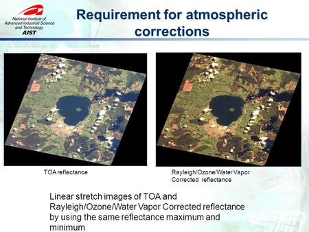 Requirement for atmospheric corrections Linear stretch images of TOA and Rayleigh/Ozone/Water Vapor Corrected reflectance by using the same reflectance.
