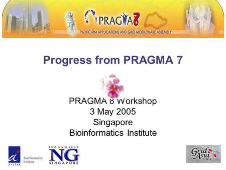 Progress from PRAGMA 7 PRAGMA 8 Workshop 3 May 2005 Singapore Bioinformatics Institute.