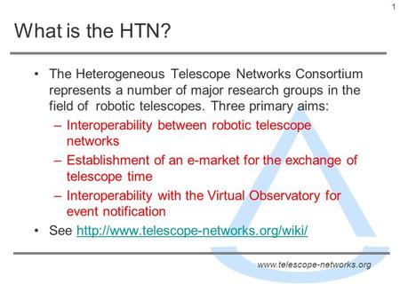Www.telescope-networks.org Results of the HTN Workshop Allan, A. 1, Bischoff, K. 2, Burgdorf, M. 3, Cavanagh, B. 4, Christian, D. 5, Clay, N. 3, Dickens,