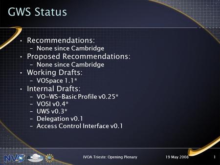 GWS Status Recommendations: –None since Cambridge Proposed Recommendations: –None since Cambridge Working Drafts: –VOSpace 1.1* Internal Drafts: –VO-WS-Basic.