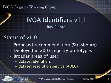 26 May 2004IVOA Interoperability Meeting - Boston1 IVOA Identifiers v1.1 Ray Plante IVOA Registry Working Group Status of v1.0 Proposed recommendation.