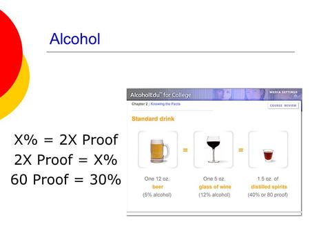 Alcohol X% = 2X Proof 2X Proof = X% 60 Proof = 30%