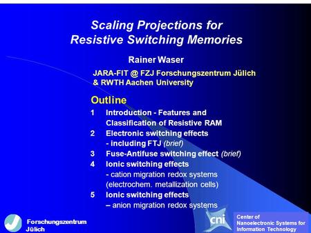 Scaling Projections for Resistive Switching Memories