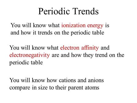 Periodic Trends You will know what ionization energy is and how it trends on the periodic table You will know what electron affinity and electronegativity.