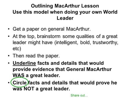 Outlining MacArthur Lesson Use this model when doing your own World Leader Get a paper on general MacArthur. At the top, brainstorm some qualities of a.