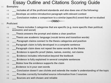 Essay Outline and Citations Scoring GuideEssay Outline and Citations Scoring Guide Exemplary ___ Includes all of the proficient standards and also does.