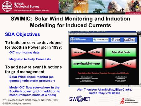 2 nd European Space Weather Week, November 2005 © NERC All rights reserved SWIMIC: Solar Wind Monitoring and Induction Modelling for Induced Currents SDA.