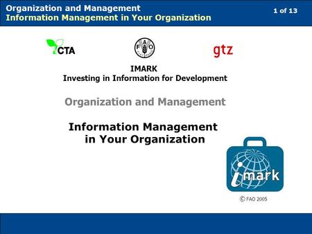 1 of 13 Organization and Management Information Management in Your Organization IMARK Investing in Information for Development Organization and Management.