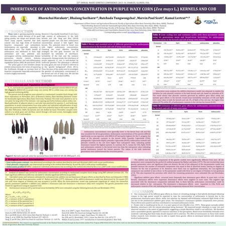 INHERITANCE OF ANTHOCYANIN CONCENTRATION IN PURPLE WAXY CORN (Zea mays L.) KERNELS AND COB a Department of Plant Science and Agricultural Resources, Faculty.