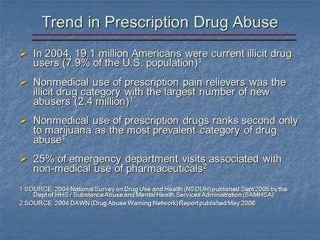 Trend in Prescription Drug Abuse In 2004, 19.1 million Americans were current illicit drug users (7.9% of the U.S. population) 1 In 2004, 19.1 million.