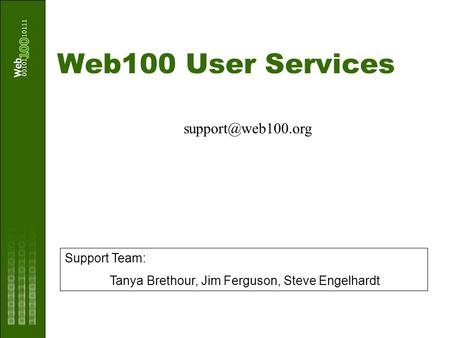 Web100 User Services Support Team: Tanya Brethour, Jim Ferguson, Steve Engelhardt