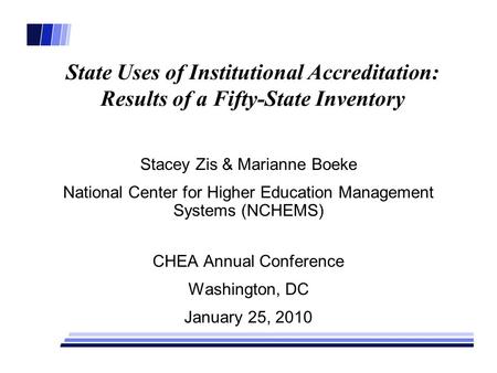 State Uses of Institutional Accreditation: Results of a Fifty-State Inventory Stacey Zis & Marianne Boeke National Center for Higher Education Management.