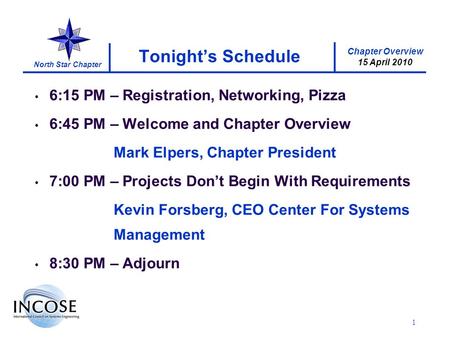 Chapter Overview 15 April 2010 North Star Chapter 1 Tonights Schedule 6:15 PM – Registration, Networking, Pizza 6:45 PM – Welcome and Chapter Overview.