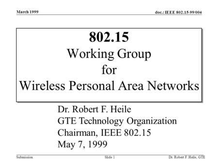 Doc.: IEEE 802.15-99/004 Submission March 1999 Dr. Robert F. Heile, GTESlide 1 802.15 Working Group for Wireless Personal Area Networks Dr. Robert F. Heile.