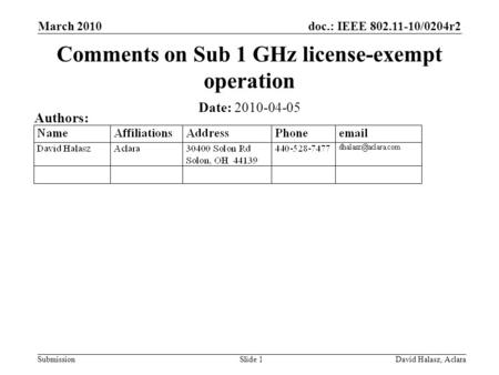 Doc.: IEEE 802.11-10/0204r2 Submission March 2010 David Halasz, AclaraSlide 1 Comments on Sub 1 GHz license-exempt operation Date: 2010-04-05 Authors: