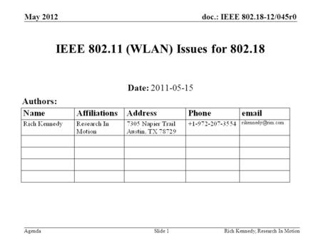 Doc.: IEEE 802.18-12/045r0 AgendaRich Kennedy, Research In Motion IEEE 802.11 (WLAN) Issues for 802.18 Date: 2011-05-15 Authors: May 2012 Slide 1.