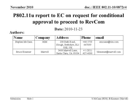 Doc.: IEEE 802.11-10/0872r4 Submission November 2010 S.McCann (RIM), B.Kraemer (Marvell) Slide 1 P802.11u report to EC on request for conditional approval.