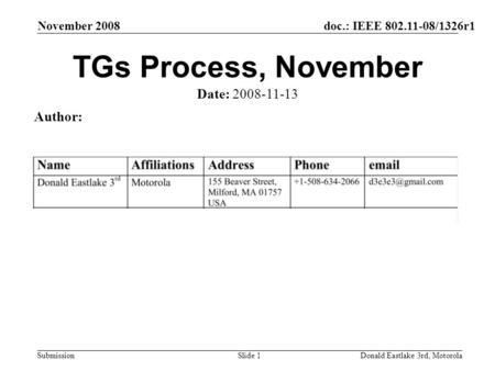 Doc.: IEEE 802.11-08/1326r1 Submission November 2008 Donald Eastlake 3rd, MotorolaSlide 1 TGs Process, November Date: 2008-11-13 Author:
