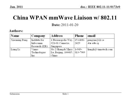 Doc.: IEEE 802.11-11/0173r0 Submission Jan. 2011 Slide 1 China WPAN mmWave Liaison w/ 802.11 Date: 2011-01-20 Authors: