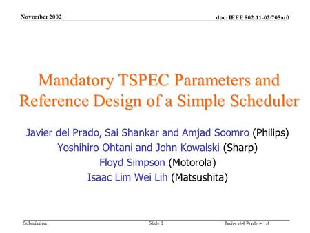 Doc: IEEE 802.11-02/705ar0 Submission Javier del Prado et. al November 2002 Slide 1 Mandatory TSPEC Parameters and Reference Design of a Simple Scheduler.
