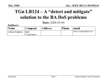 Doc.: IEEE 802.11-08/0562r0 Submission May 2008 Adrian Stephens, Intel CorporationSlide 1 TGn LB124 – A detect and mitigate solution to the BA DoS problems.