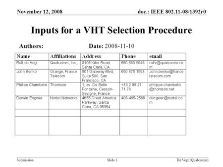 Doc.: IEEE 802.11-08/1392r0 Submission November 12, 2008 De Vegt (Qualcomm)Slide 1 Inputs for a VHT Selection Procedure Date: 2008-11-10Authors: