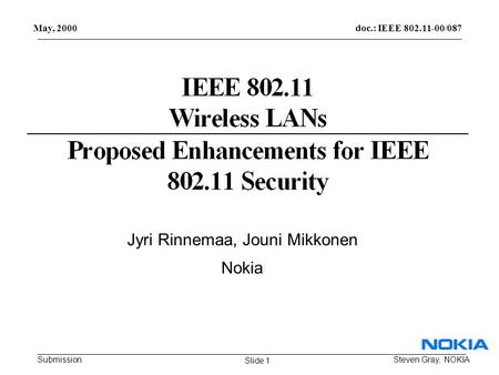 Doc.: IEEE 802.11-00/087 Submission May, 2000 Steven Gray, NOKIA Jyri Rinnemaa, Jouni Mikkonen Nokia Slide 1.