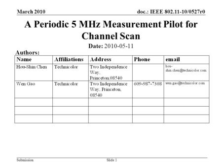 Doc.: IEEE 802.11-10/0527r0 Submission March 2010 Slide 1 A Periodic 5 MHz Measurement Pilot for Channel Scan Date: 2010-05-11 Authors: