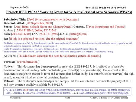 Doc.: IEEE 802.15-08-0672-00-0006 Submission September 2008 A. Batra, S. Hosur, TI; O. Omeni, ToumazSlide 1 NOTE: Update all red fields replacing with.