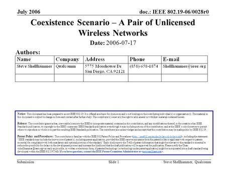 Doc.: IEEE 802.19-06/0028r0 Submission July 2006 Steve Shellhammer, QualcommSlide 1 Coexistence Scenario – A Pair of Unlicensed Wireless Networks Notice: