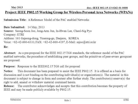 Doc.: IEEE 802.15-13-0262-01-0008 Submission ETRI May 2013 Slide 1 Project: IEEE P802.15 Working Group for Wireless Personal Area Networks (WPANs) Submission.