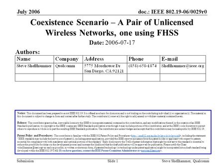 Doc.: IEEE 802.19-06/0029r0 Submission July 2006 Steve Shellhammer, QualcommSlide 1 Coexistence Scenario – A Pair of Unlicensed Wireless Networks, one.