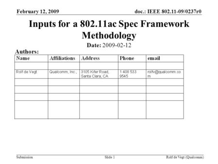 Doc.: IEEE 802.11-09/0237r0 Submission February 12, 2009 Rolf de Vegt (Qualcomm)Slide 1 Inputs for a 802.11ac Spec Framework Methodology Date: 2009-02-12.