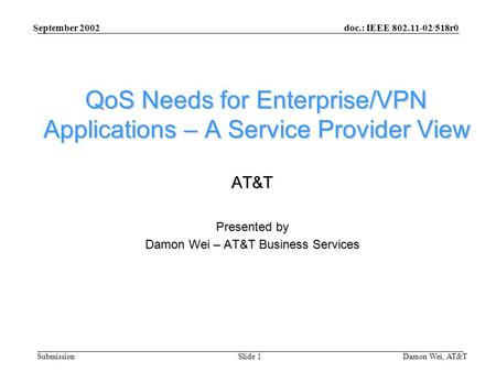 Doc.: IEEE 802.11-02/518r0 Submission September 2002 Damon Wei, AT&TSlide 1 QoS Needs for Enterprise/VPN Applications – A Service Provider View AT&T Presented.