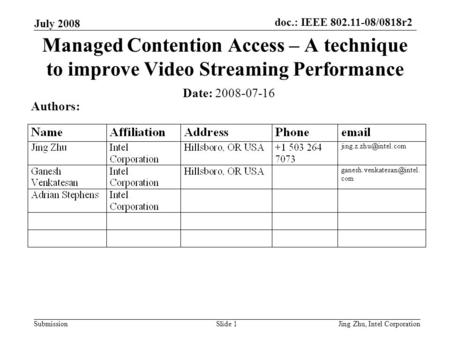 Doc.: IEEE 802.11-08/0818r2 Submission July 2008 Jing Zhu, Intel CorporationSlide 1 Managed Contention Access – A technique to improve Video Streaming.