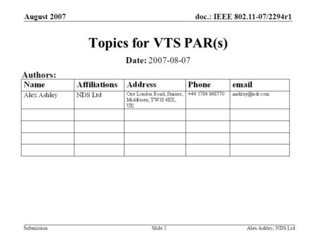 Doc.: IEEE 802.11-07/2294r1 Submission August 2007 Alex Ashley, NDS LtdSlide 1 Topics for VTS PAR(s) Date: 2007-08-07 Authors: