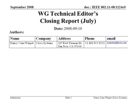 Submission doc.: IEEE 802.11-08/1124r0 Nancy Cam-Winget (Cisco Systems)Slide 1 WG Technical Editors Closing Report (July) Date: 2008-09-10 Authors: September.