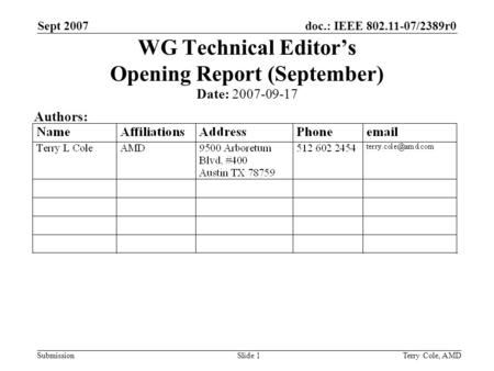 Doc.: IEEE 802.11-07/2389r0 Submission Sept 2007 Terry Cole, AMDSlide 1 WG Technical Editors Opening Report (September) Date: 2007-09-17 Authors: