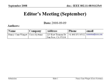 Submission doc.: IEEE 802.11-08/01125r0September 2008 Nancy Cam-Winget (Cisco Systems)Slide 1 Editors Meeting (September) Date: 2008-09-09 Authors: