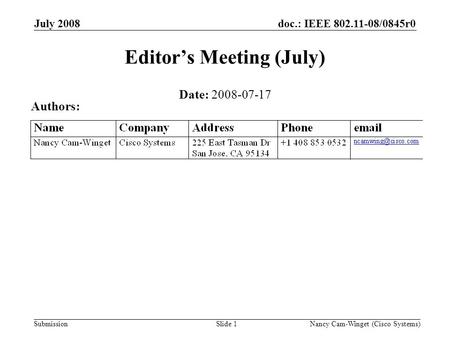 Submission doc.: IEEE 802.11-08/0845r0July 2008 Nancy Cam-Winget (Cisco Systems)Slide 1 Editors Meeting (July) Date: 2008-07-17 Authors: