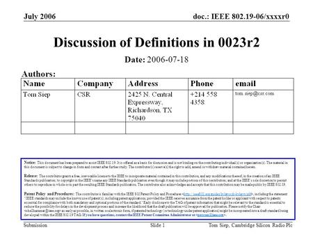 Doc.: IEEE 802.19-06/xxxxr0 Submission July 2006 Tom Siep, Cambridge Silicon Radio PlcSlide 1 Discussion of Definitions in 0023r2 Notice: This document.