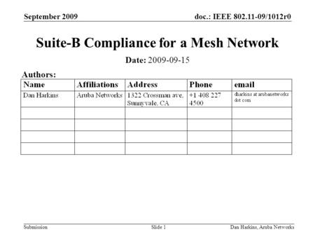 Doc.: IEEE 802.11-09/1012r0 Submission September 2009 Dan Harkins, Aruba NetworksSlide 1 Suite-B Compliance for a Mesh Network Date: 2009-09-15 Authors: