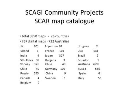 SCAGI Community Projects SCAR map catalogue Total 5850 maps - 26 countries 767 digital maps (722 Australia) UK 801 Argentina 97 Uruguay 2 Poland 1 France.