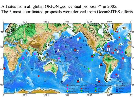 1 2 11 1 1 8 5 13 R 7 R 9 B 4 3 6 S S All sites from all global ORION conceptual proposals in 2005. The 3 most coordinated proposals were derived from.