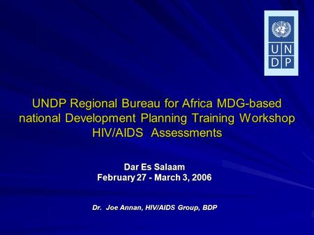 UNDP Regional Bureau for Africa MDG-based national Development Planning Training Workshop HIV/AIDS Assessments Dar Es Salaam February 27 - March 3, 2006.