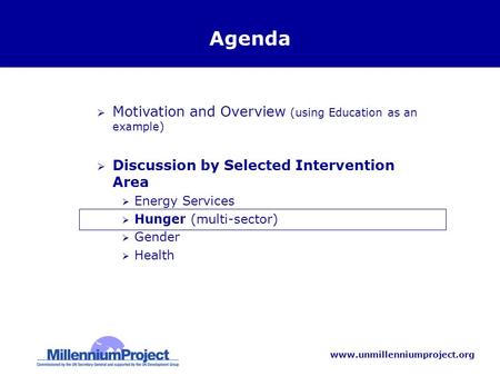 Www.unmillenniumproject.org Agenda Motivation and Overview (using Education as an example) Discussion by Selected Intervention Area Energy Services Hunger.