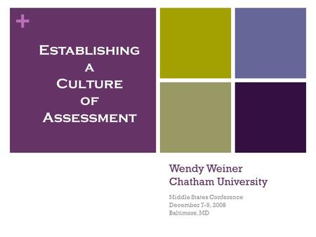 + Wendy Weiner Chatham University Middle States Conference December 7-9, 2008 Baltimore, MD Establishing a Culture of Assessment.