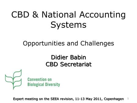 CBD & National Accounting Systems Opportunities and Challenges 1 Expert meeting on the SEEA revision, 11-13 May 2011, Copenhagen Didier Babin CBD Secretariat.