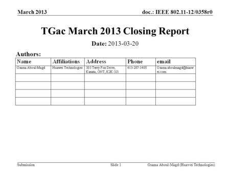 Doc.: IEEE 802.11-12/0358r0 Submission March 2013 Osama Aboul-Magd (Huawei Technologies)Slide 1 TGac March 2013 Closing Report Date: 2013-03-20 Authors: